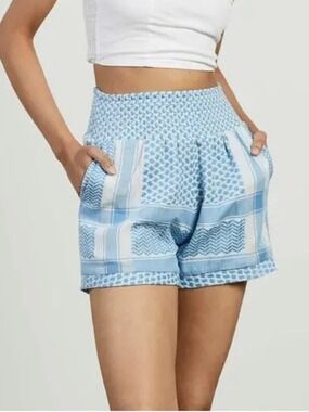 Cecilie Copenhagen Teresa Cotton Shorts Smocked Waist Pockets Blue Green medium